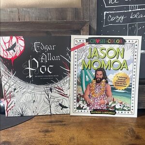 Edgar Allan Poe and Jason Momoa coloring books